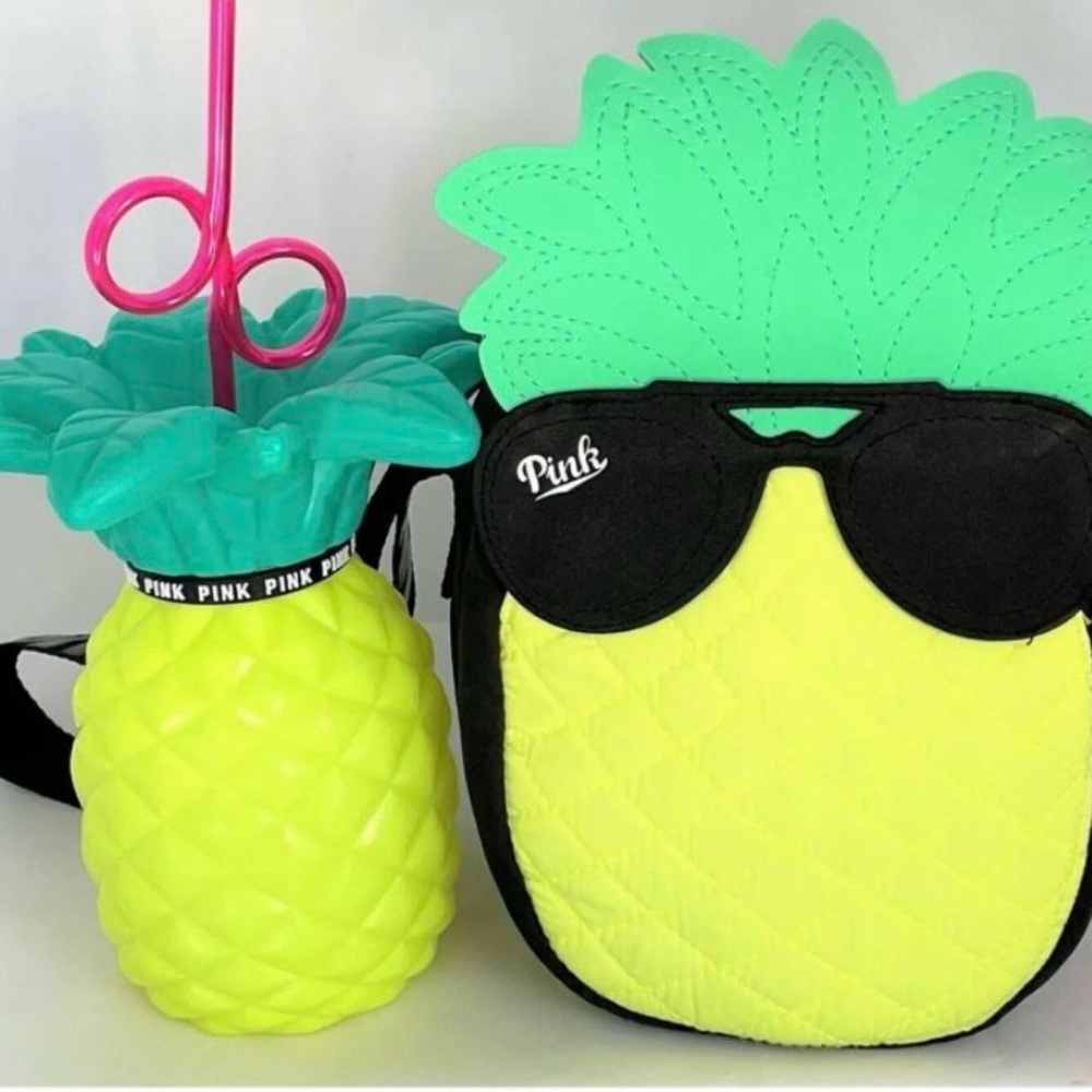PINK Victoria's Secret Pineapple Bag and Cup - Neon Yellow and Green